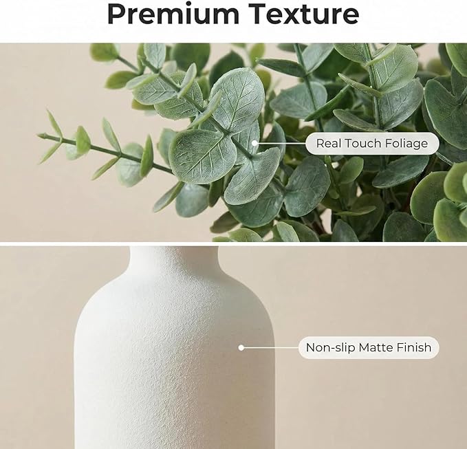 12" Artificial Sage Eucalyptus Stems Potted Plant - Realistic Small Fake Desk Plants for Office Home Decor, Faux Plants in Frosted Ceramic Vase for Indoor Spaces, Table Decor（7 pcs）