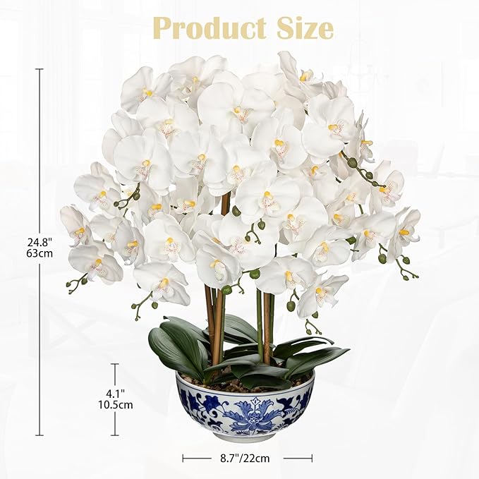 Briful Large Orchid Fake Flower in Blue and White Porcelain Bowl 24.8" White Orchid Silk Floral Arrangement Faux Phalaenopsis Flower for Home Office Room Kitchen Table Centerpiece Decor