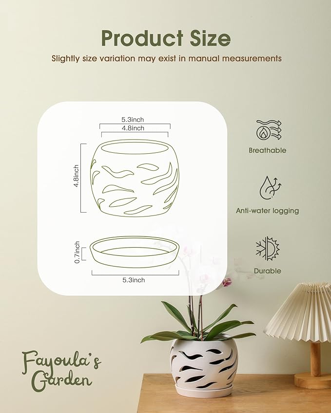 Fayoula Ceramic Orchid Pot with Holes & Saucers, 5.5 inch Plant pots for Indoor and Outdoor use, Wind-Worn Texture Cutout Promoting air Circulation and Drainage(Pots Only)