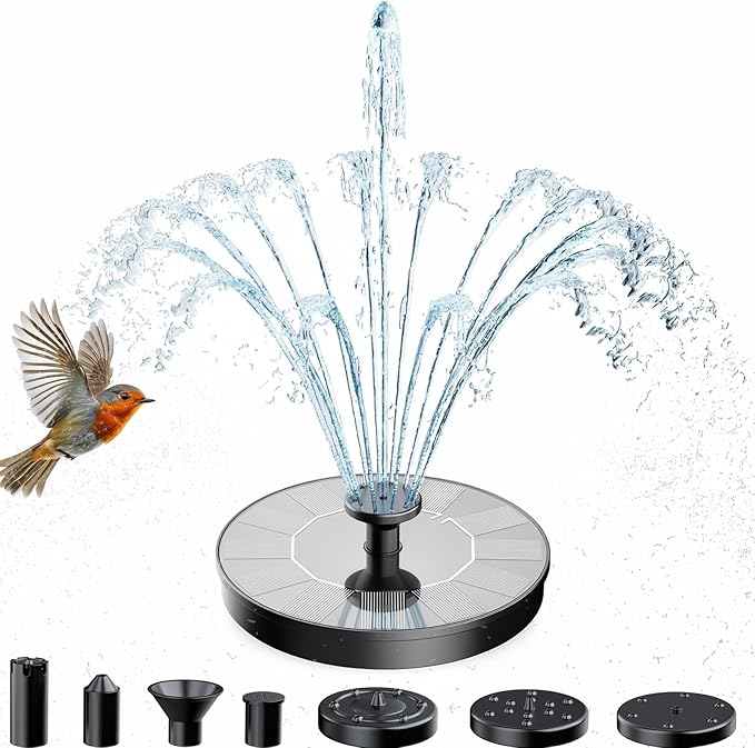 AMZtime Solar Fountain, 2026 Upgraded Solar Water Fountains with 6 Nozzles, Free Standing Floating Solar Powered Water Fountain Pump for Bird Bath, Garden, Pool, Pond and Outdoor