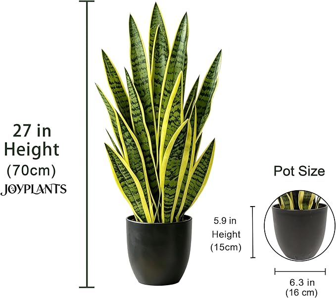 Fake Snake Plant, 27" Fake Potted Plants with Black Pot Realistic Artificial for Home Decor, Low Maintenance No Watering Needed Faux Plants for Desk Corner Office & Pet Areas(yellow-27in)