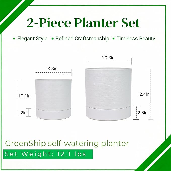 GreenShip Planter Set of 2 (9.8" & 7.8") – Cylinder Planters with Drainage Hole and Planter Saucer, Jun Porcelain Clay & Recycled Resin, Decorate Home,Office & Outdoor,White pots
