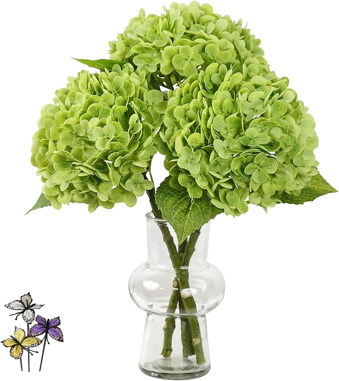 Leftover 21" Green Hydrangea Artificial Flowers,3 Pcs Real Touch Hydrangea Flowers with Butterflies for Centerpiece Table Decorations,Floral Arrangements for Coffee Table Decor,Living Room Decor
