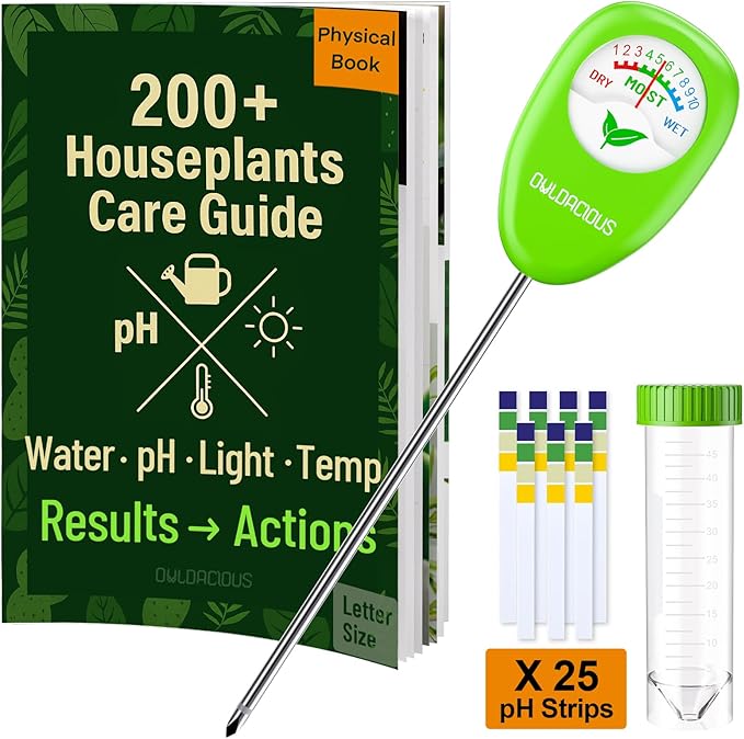 Soil Moisture Meter for Plants – Includes 200+ Houseplants Guide (Letter Size), 25 pH Test Strips & Sample Tube. Water Gauge for Indoor & Outdoor Plants.