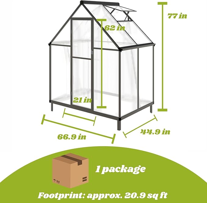 6x4 FT Greenhouse for Outdoors, Polycarbonate Greenhouse with Quick Setup Structure and Roof Vent, Aluminum Large Walk-in Green House for Outside Garden Backyard, Dark Gray