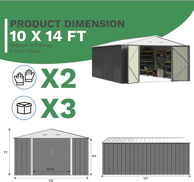 Patiowell 10x14 FT Storage Shed, Outdoor Metal Steel Garden Shed with Lockable Door and Sloping Roof, Large Outside Utility Tool Sheds for Backyard Garden Patio, Gray