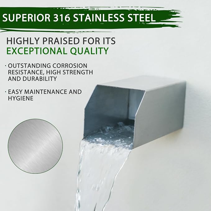 PONDO 4" Square Water Fountain Spout, 316 Stainless Steel Spillway Waterfall Accent Scupper with Integrated Spray Baffle for Landscape Decor, Pond, Pool, Water Wall, Fountain (Brushed Stainless Steel)