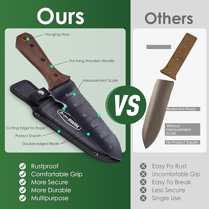 PERWIN Hori Hori Garden Knife, Garden Tools with Sheath for Weeding, Planting, Digging, 7" Stainless Steel Blade with Cutting Edge, Full-Tang Wood Handle with Hanging Hole