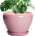 Ceramicfor 10 Inch Plant Pot - Ceramic Planter for Indoor Plants, Glaze Modern Round Planter with Drainage Hole and Saucer, Gifts for Plant Lovers, Office Patio Home Room Decor, Pink