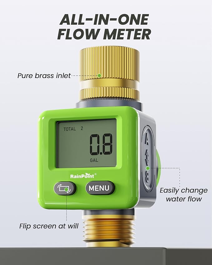 RAINPOINT Water Flow Meter, ±5% Accuracy, Pure Brass Inlet & Outlet Water Meter, 180° Screen-Flip, 4 Measure Modes for Outdoor Garden Hose, Lawn Sprinkler Watering, RV Water Tank Filling, Green