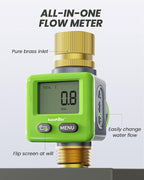 RAINPOINT Water Flow Meter, ±5% Accuracy, Pure Brass Inlet & Outlet Water Meter, 180° Screen-Flip, 4 Measure Modes for Outdoor Garden Hose, Lawn Sprinkler Watering, RV Water Tank Filling, Green