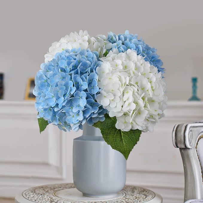 Leftover Hydrangea Artificial Flowers,4 Pcs Real Touch Hydrangea Flowers with 3 Pcs Butterflies for Centerpiece Table Decorations,Floral Arrangements for Coffee Table Decor Living Room Decor