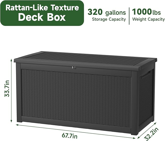 PatioZen 260 Gallon Resin Deck Box, Lockable Patio Outdoor Storage Box for Furniture, Garden Tools and Tools Storage, Waterproof Outside Storage Boxes - Black
