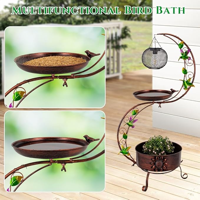 DREAMSOUL Solar Bird Bath with Solar Lantern, Vintage Copper Birdbath Flower Planter Metal Bird Bath for Outside Garden Yard