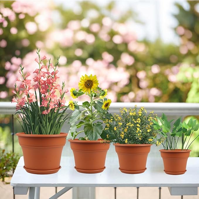Pottiffe 11 Inch Plastic-Flower-Pot-for-Indoor-Plants, 4 Pack Large Outdoor Planter Pot with Drainage Holes & Saucers, Resin Decorative Garden Pots Planters