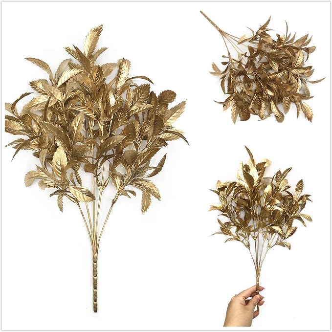 PASYOU Christmas Artificial Plants Decoration, Plastic Grass Fake Shrubs Simulation Leaves Indoor Outdoor Home Garden Planter Filler Party Hotel Verandah Wedding UV Resistant DIY Decor - Gold 2 Pack