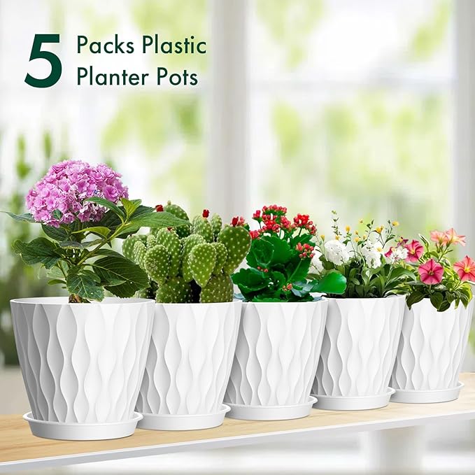 Meowell 6 inch Flower Pots, 5 Pack Plant Pots for Indoor Outdoor Plants, Water Ripples Plastic Planters with Drainage Holes and Saucers, Nursery Pots for Small Succulent Garden House Plants, White
