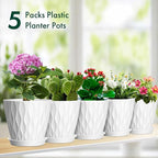 Meowell 4 inch Small Plastic Nursery Pots, 5 Pack Water Ripples Plant Pots for Indoor Plants, Flower Pots with Drainage Holes and Saucers, Seedling Starter Planters for Succulent Plants, White