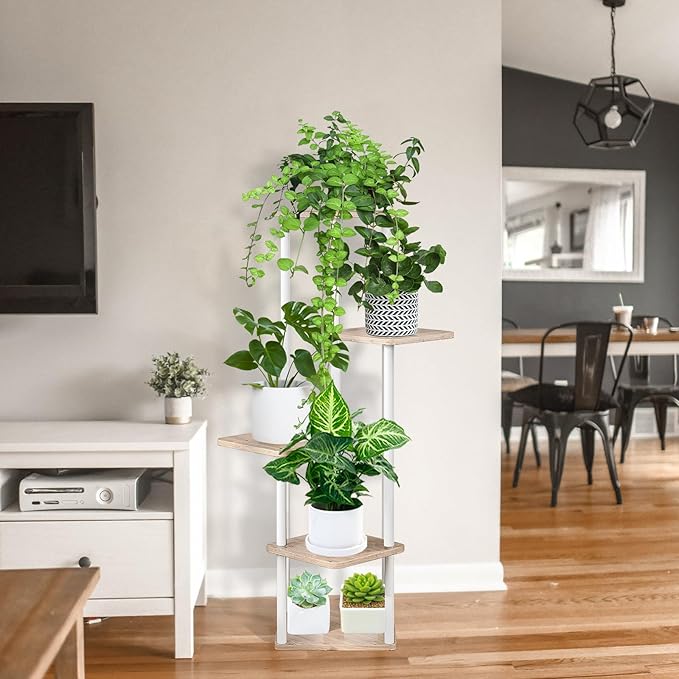 5 Tier Plant Stand Indoor, Thickened Metal Wood Corner Plant Shelf Stands for Multiple Plants, Indoor Tall Plants Stand Tiered Flower Holder for Living Room Patio Garden Balcony(White+Oak)