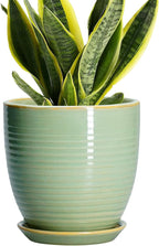 Ceramic Plant Pots - 6 Inch Ceramic Planter with Drainage Hole and Saucer, Modern Planters for Indoor Outdoor Plants, Round Flower Pots, Office House Decor, Gifts for Women Men, Bright Green