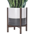 D'vine Dev Ceramic Planter with Walnut Color Stand - 14 Inch Modern Round Flower Pot with Wood Planter Holder, White/Grey, 55-B-T-6