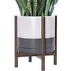 D'vine Dev Ceramic Planter with Walnut Color Stand - 14 Inch Modern Round Flower Pot with Wood Planter Holder, White/Grey, 55-B-T-6