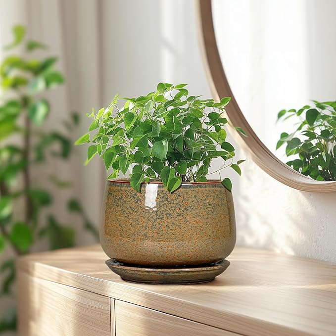 G EPGardening 7 Inch Ceramic Pots for Plants - Ceramic Planters for Indoor Outdoor Plants, Round Plant Pots with Drainage and Saucer, Modern Planter, House Decor, Plant Lover Gifts, Speckled Brown