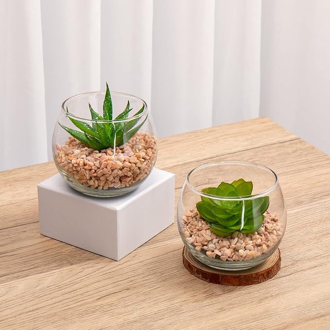 Briful Mini Fake Plants 4 Packs Cute Succulents Artificial Plants Potted Faux Succulents in Round Glass Vase for Bathroom Living Room Kitchen Shelf Table Decor