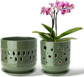 Orchid Pots with Holes, 5+6 Inch Ceramic Orchid Pot, Enhance Good Ventilation and Drainage, Flower Pots for Indoor/Outdoor Plants 2 Pack - Forest Green