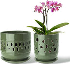 Orchid Pots with Holes, 5+6 Inch Ceramic Orchid Pot, Enhance Good Ventilation and Drainage, Flower Pots for Indoor/Outdoor Plants 2 Pack - Forest Green