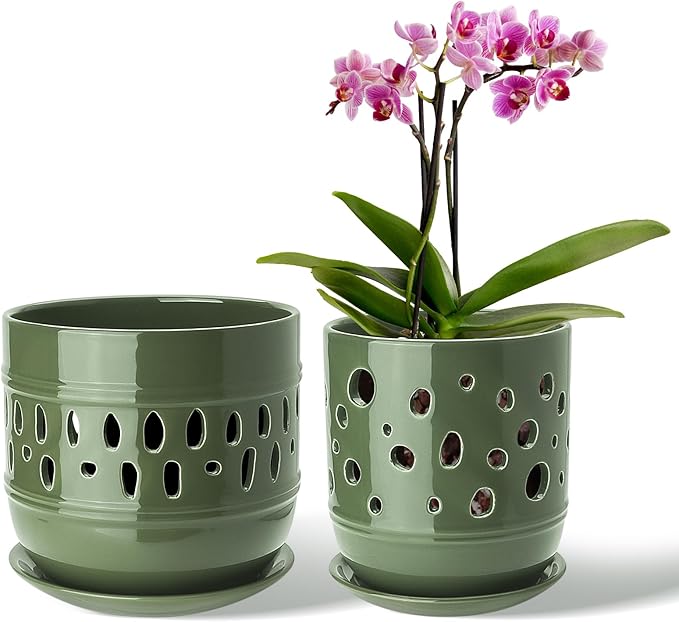 Orchid Pots with Holes, 5+6 Inch Ceramic Orchid Pot, Enhance Good Ventilation and Drainage, Flower Pots for Indoor/Outdoor Plants 2 Pack - Forest Green