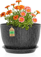 WSMKSZ 12 Inch Wide Water Ripples Flower Pots for Indoor or Outdoor Plants, Large Plant Pots with Drainage Holes & Saucer, Plastic Planters Set for Garden & Home Decor (Black with White Speckles)