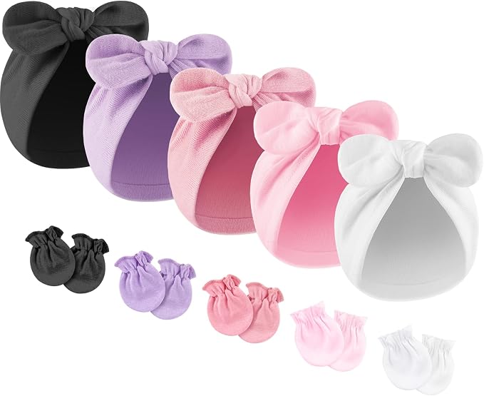 BQUBO Baby Turban Hats and Mittens Set Newborn Infant Hospital Hats Caps with Bows for Baby Boys Girls 0-12 Months