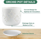 Orchid Pots with Holes, 5+6 Inch Orchid Pots with Drainage Holes and Tray, Effective Drainage and Ventilation to Assist New Plants or Repotting, Indoor/Outdoor Flower Pots -White