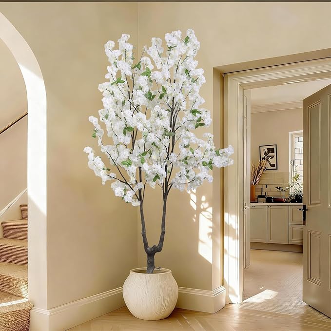 Faux White Cherry Blossom Tree 6ft(72in) Tall Artificial Japanese Sakura in Pot Realistic Cherry Plant Decor Handmade Natural Fake Pink Flower Tree for Christmas,New Year,Wedding,Living Room
