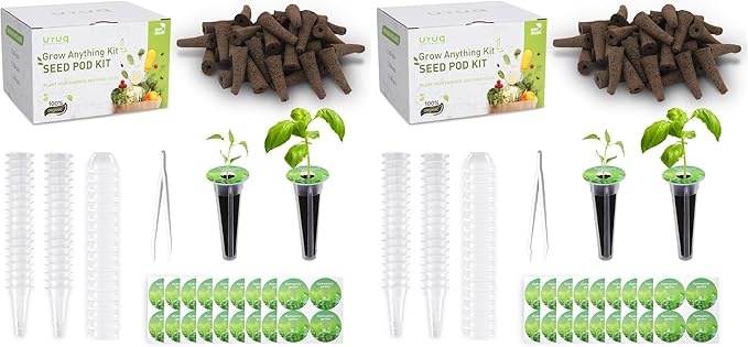 URUQ 140Pcs Hydroponic Pods Supplies: Compatible with AeroGarden Grow Anything Herb Kits - Includes Grow Sponges Grow Baskets Grow Domes Labels - Hydroponics Supplies for Most Brand (Pack of 2)