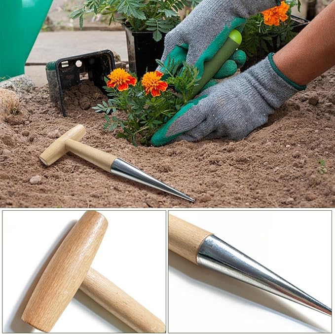 Hand Dibber, Stainless Steel Sow Dibbler with Wood Handle, Garden Hole Punch Dibbler Tool for Planting Seeds & Bulbs, Hand Held Bulb Planter for Planting Flowers Tulips, Daffodils, Dahlias