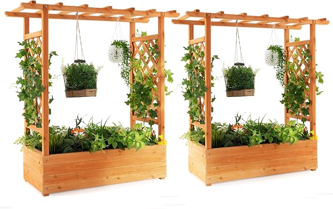 MAT EXPERT Raised Garden Bed with Trellis & Hanging Roof, Lattice Panel with Drainage Hole for Flower, Climbing Plant, Herb, Planter Box for Garden, Patio, Yard (2, 43.5" x 17.5" x 44" (L x W x H))