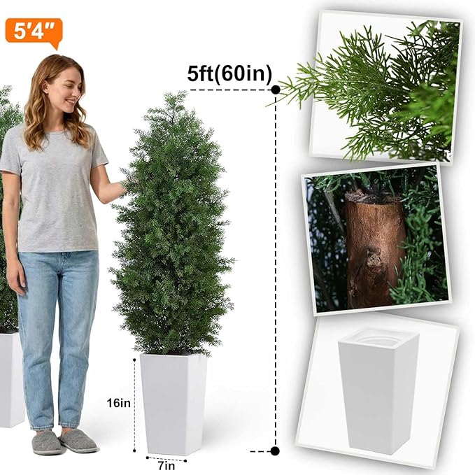 Aveyas 5ft Artificial Cedar Topiary Trees, 5 ft Faux Potted Plants Evergreen Fake Pine Cypress Tree for Outdoor Porch Home Outside Door Decor (5 Feet Tall Including Raised Pot) - Set of 2 Pack