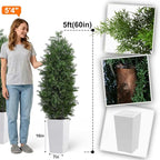 Aveyas 5ft Artificial Cedar Topiary Trees, 5 ft Faux Potted Plants Evergreen Fake Pine Cypress Tree for Outdoor Porch Home Outside Door Decor (5 Feet Tall Including Raised Pot) - Set of 2 Pack