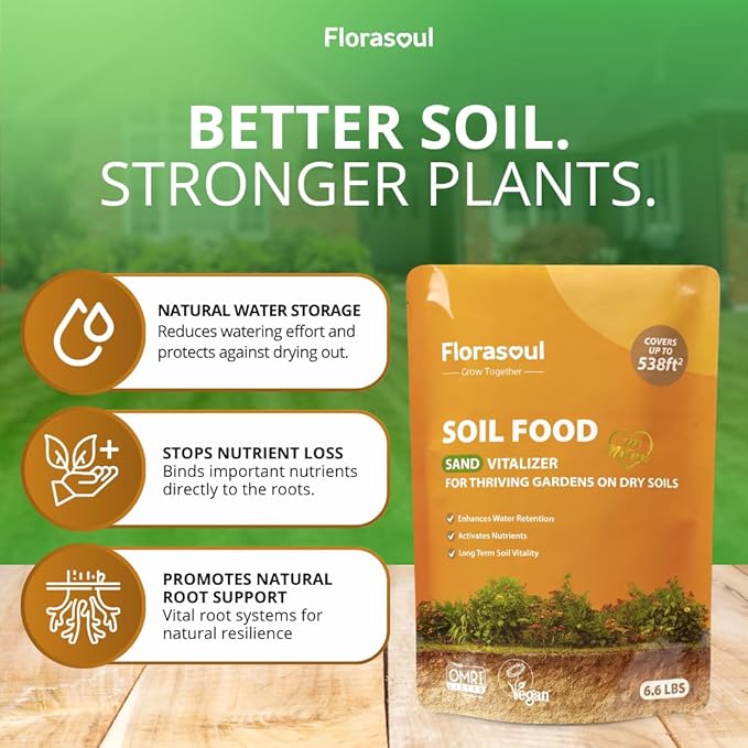 Florasoul® Organic Sandy Soil Conditioner (6.6 lbs) – High-Performance Water Retainer & Nutrient Booster – Plant-Based & Vegan – for Gardens, Lawns & Drought-Prone Areas