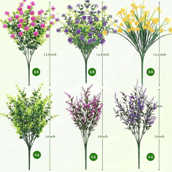 ATTGREAT Artificial Spring Flowers Outdoors UV Resistant Fake Greenery Plants Realistic Plastic Flowers Outside Faux Silk Wildflowers for Home Planter Porch Garden Decor, 24 Bundles (Multicolor)