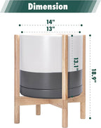 D'vine Dev Ceramic Planter with Natural Stand - 14 Inch Modern Round Flower Pot with Wood Planter Holder, White/Grey, 55-B-R-6