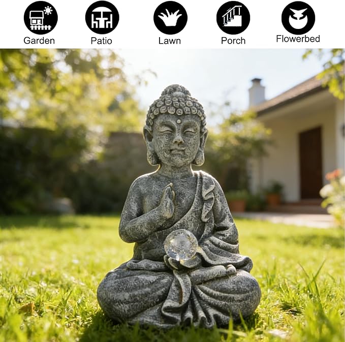 Suyorpe Buddha Statue Outdoor Statues with Solar Lights - Sitting Buddha Figurine for Garden, Zen Decor for Garden,Home, Patio, Lawn,Yard Balcony