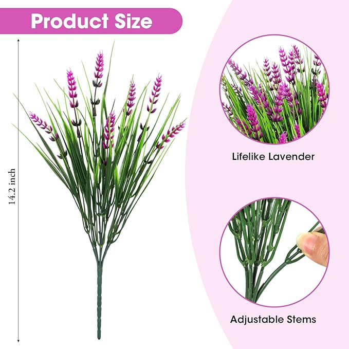 Bassion Artificial Flowers for Outdoors, 24 Bundles Fake Lavender Flowers UV Resistant Fuchsia Plastic Plants Faux Monkey Grass for Home Porch Garden Window Box Indoor Outdoor Decorations