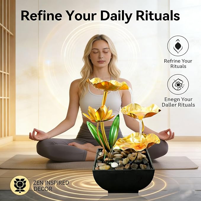 11‘’ H Gold Tabletop Water Fountain, Zen Desktop Waterfall, Indoor Lotus Desktop Decorative Fountain, Home Bathroom Bedroom Decor.