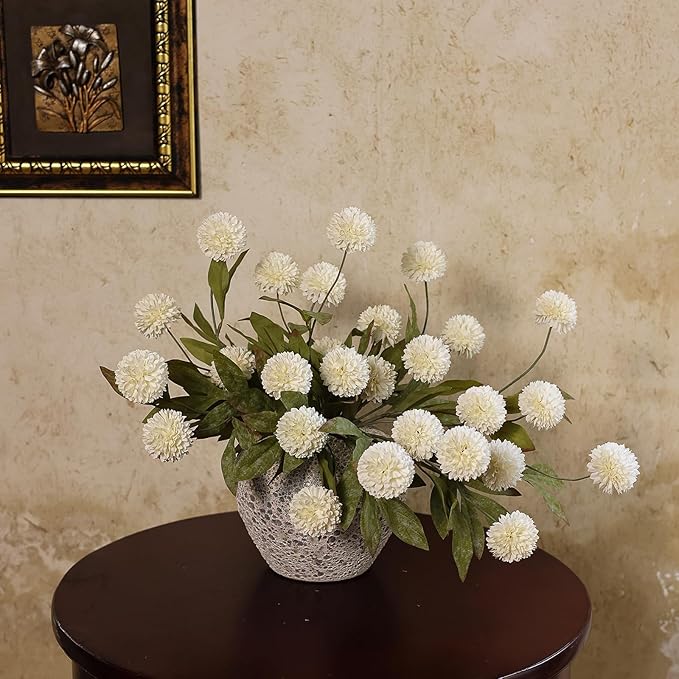 VIERENA 6 Pcs Faux Silk Pompon Mum Artificial Flowers for Vase -27", Bulk Fake Chrysanth Branches with Stems for DIY Bouquet Centerpieces Wedding Fillers Arrangements Shower Decorations (Cream)