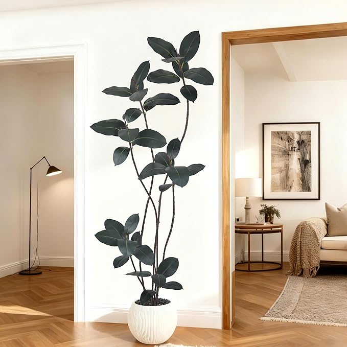 Artificial Rubber Tree 7FT(84in) Tall Faux Trees with Realistic Leaves, Fake Rubber Floor Potted Artificial Plants for Home Office Living Room Indoor Outdoor Decor (7feet,1Pack)