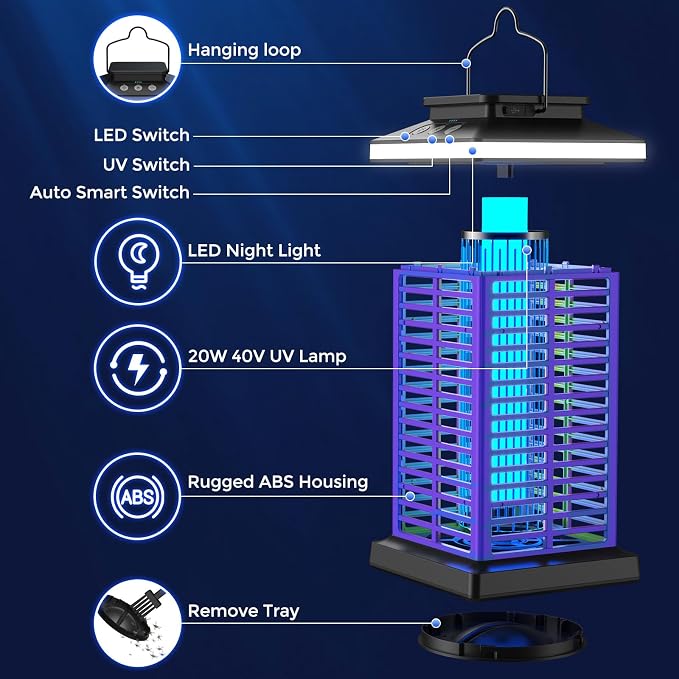 Bug Zapper Outdoor, Mosquito Zapper 2 in 1 Portable & Rechargeable Bug Zapper Outdoor with 5000mAh Battery & LED Night Light, 4000V Electric Fly Zapper for Outside,Patio,Backyard,Garden Purple