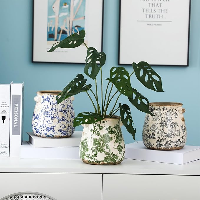 3 Pcs Ceramic Pots for Plants - 6.3 in Vintage Scroll Plant Pots with Drainage Hole Crackle Glaze Ceramic Planters for Home, Garden, Kitchen